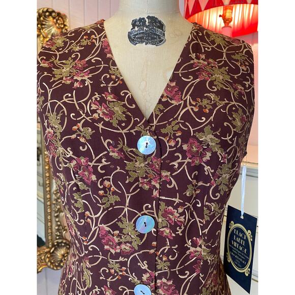 vintage 1990s burgundy vest floral scrolls s/m 90s fashion sleeveless tunic y2k - Picture 2 of 7